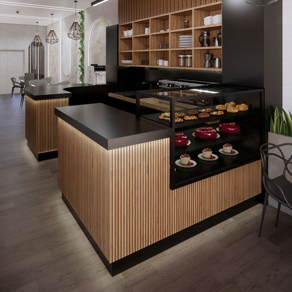 Quầy bar chữ L vân gỗ 1m8 x 2m QB030